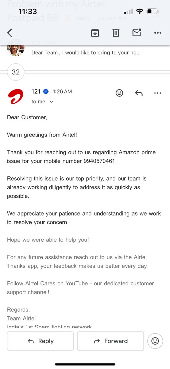 Rahul50391's tweet photo. @airtelindia @Airtel_Presence @airtelnews Facing issue with Airtel customer support, regarding Prime subscription charged in bill without being able to watch it for more than 2 months now &amp; still no solution even after multiple mails (30) and many calls. https://t.co/WJdEmzrxJe