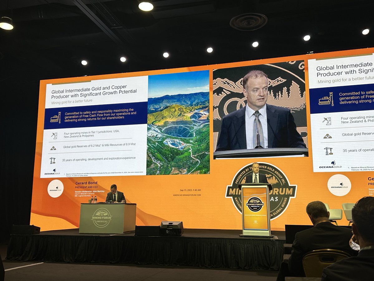 OceanaGold's tweet image. That's a wrap on another #MiningForumAmericas conference!  Our team met with 25 investors over 3 days &amp;amp; key themes focused on capital allocation and strong free cash flow generation.

📺 View our President &amp;amp; CEO, Gerard Bond present: ow.ly/Xpnl50WZyIW
#OGC  #DenverGoldGroup