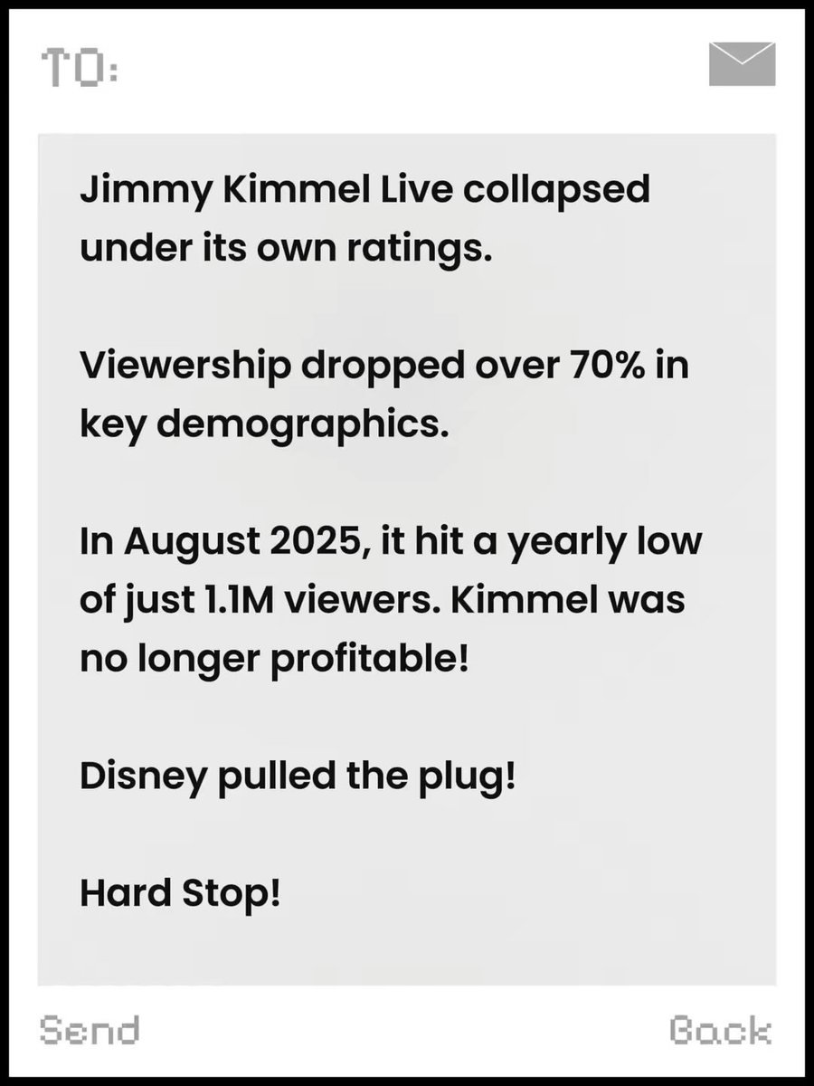 Mark1v17's tweet image. Jimmy Kimmel Live! wasn’t censored — it tanked. 📉 Ratings collapsed, profits vanished, and Disney pulled the plug! #JimmyKimmelLive #cancelled #Trending