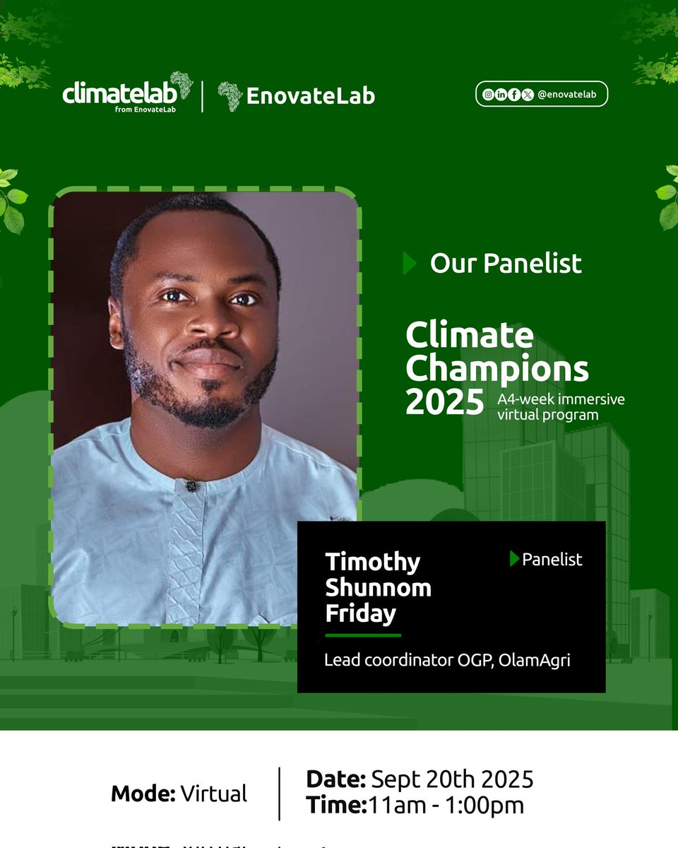 Introducing our next panelist for #ClimateChampions 2025!

Timothy Shunnom Friday leads climate-smart farming at OlamAgri, Benue. With 7+ years experience empowering 50,000+ rural farmers, he champions food security &amp; sustainable solutions for resilient Communities.