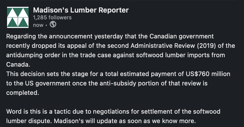 Canadian government recently dropped appeal of the second AR (2019) of #lumber trade case.

Word is this is a tactic due to negotiations for settlement of the softwood lumber dispute.

#sawmill #softwood #building #construction #housing #ushousing #realestate #wood