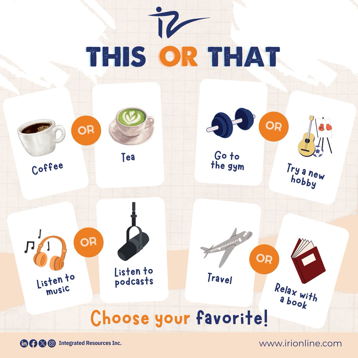 iristaff's tweet image. Quick game: THIS or THAT 👇
Would you hit the gym 🏋️ or try a new hobby 🎨?
Travel the world 🌍 or stay cozy with a book 📚?
Cast your picks in the comments—your choice might surprise you!
#ThisOrThatChallenge #EngagementPost #PickYourSide