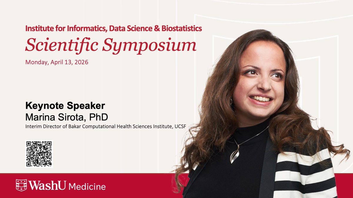 WashU Informatics, Data Science and Biostatistics (@washumedi2db) on Twitter photo Save the date! 📅 Our annual symposium is April 13, 2026, at the Eric P. Newman Education Center. We are honored to welcome our keynote speaker, Marina Sirota, PhD, <a href="/UCSF_BCHSI/">UCSF Bakar Computational Health Sciences Institute</a>. Visit lnkd.in/giui77Ej for details.
#SaveTheDate #DataScience #Biostatistics #Informatics #I2DB Save the date! 📅 Our annual symposium is April 13, 2026, at the Eric P. Newman Education Center. We are honored to welcome our keynote speaker, Marina Sirota, PhD, <a href="/UCSF_BCHSI/">UCSF Bakar Computational Health Sciences Institute</a>. Visit lnkd.in/giui77Ej for details.
#SaveTheDate #DataScience #Biostatistics #Informatics #I2DB