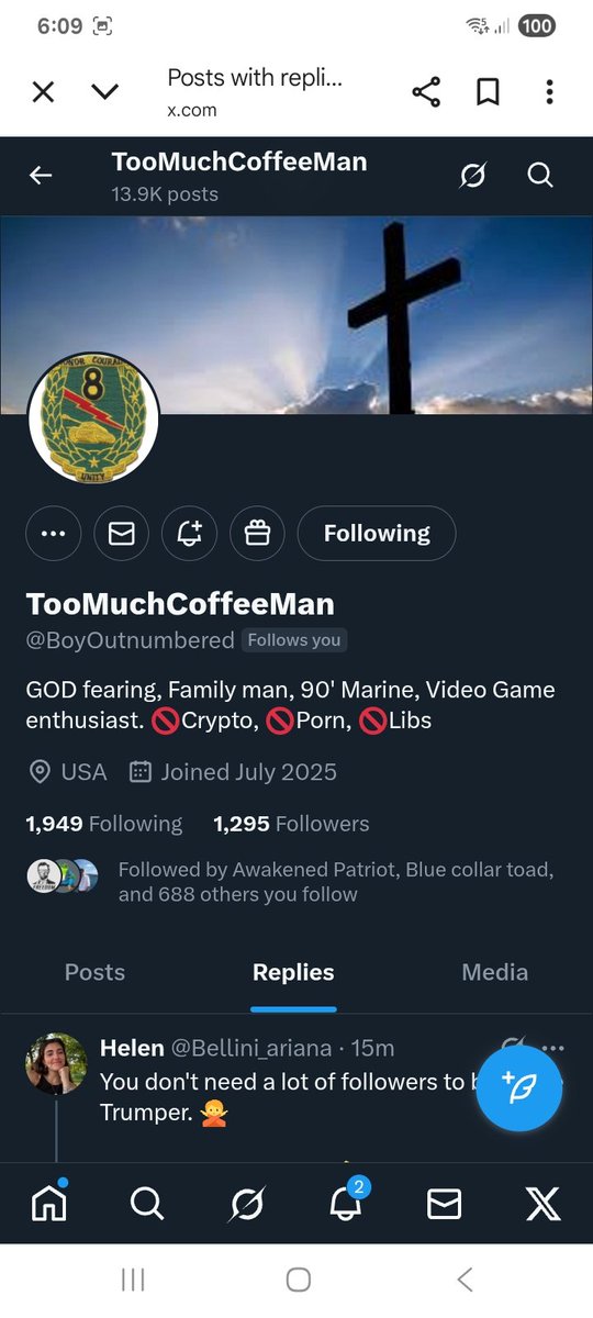 Can we take this veteran to the 1.5k mark and beyond, please support with a F&amp;R 
<a href="/BoyOutnumbered/">TooMuchCoffeeMan</a> 
F&amp;R 💪👊🫶💥💯🇺🇸🫡