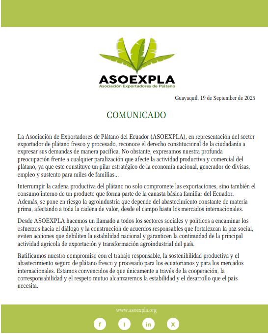 🇪🇨 El plátano ecuatoriano es base de la canasta familiar, motor de la agroindustria y pilar de las exportaciones.

Desde ASOEXPLA hacemos un llamado al diálogo para proteger la estabilidad, el empleo y el abastecimiento de toda la cadena productiva y exportación.

#PlátanoEc