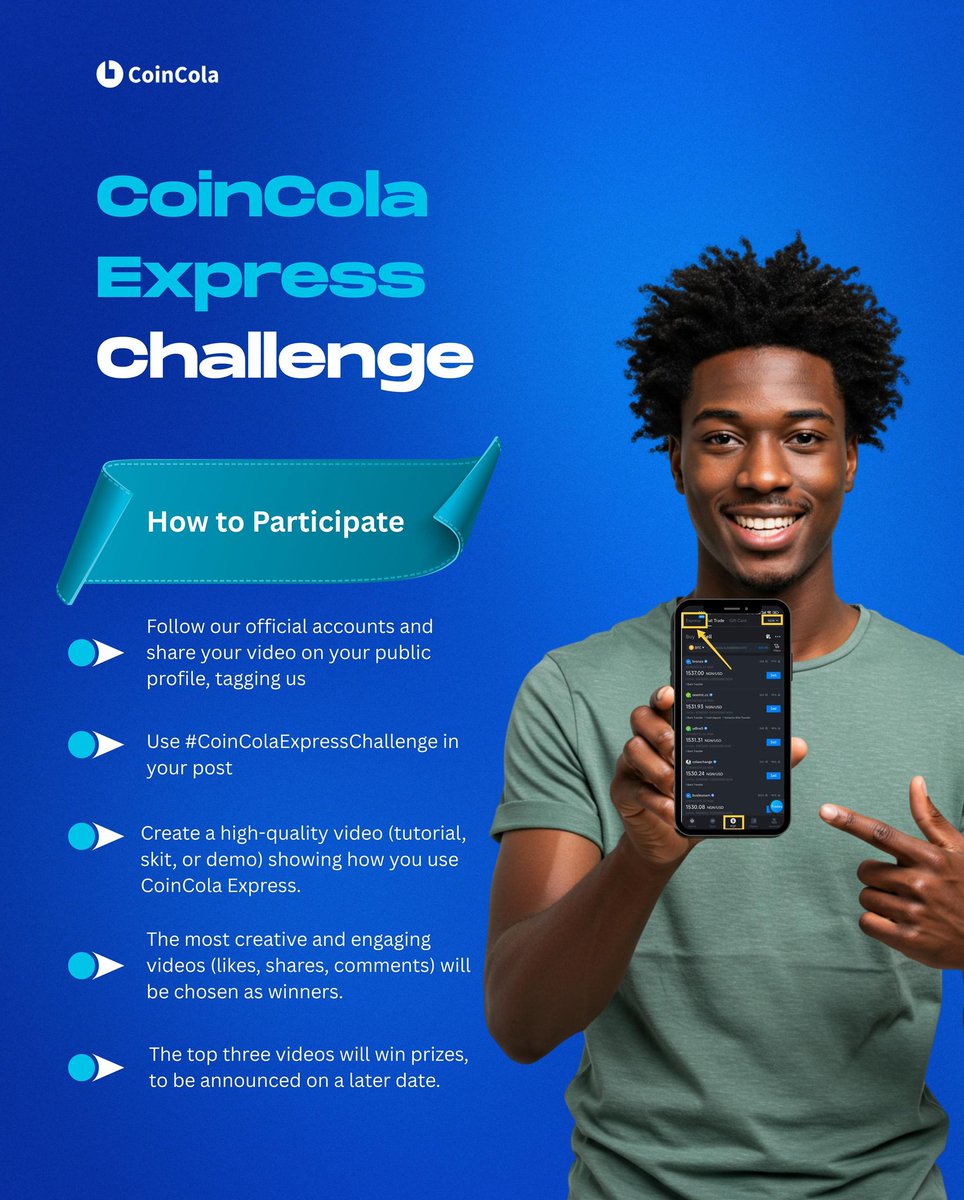 Mizter_AB's tweet photo. π¬π° Get ready to win some cash! π°
Join the #CoinColaExpressChallenge π
Show us how YOU use CoinCola Express in a short video & stand a chance to win BIG:
π₯ 1st: $80
π₯ 2nd: $50
π₯ 3rd: $30
How to enter:
β
Follow us
β
Post your video publicly with #CoinColaExpressChallenge
β
Tag us
β‘ Ends Sept 30 | Minimum of 1,000 views to qualify!
Donβt just trade, create & win π https://t.co/a7rCfsqA5j
#CoinColaAmbassador #CoinColaP2P #CoinColaExpress