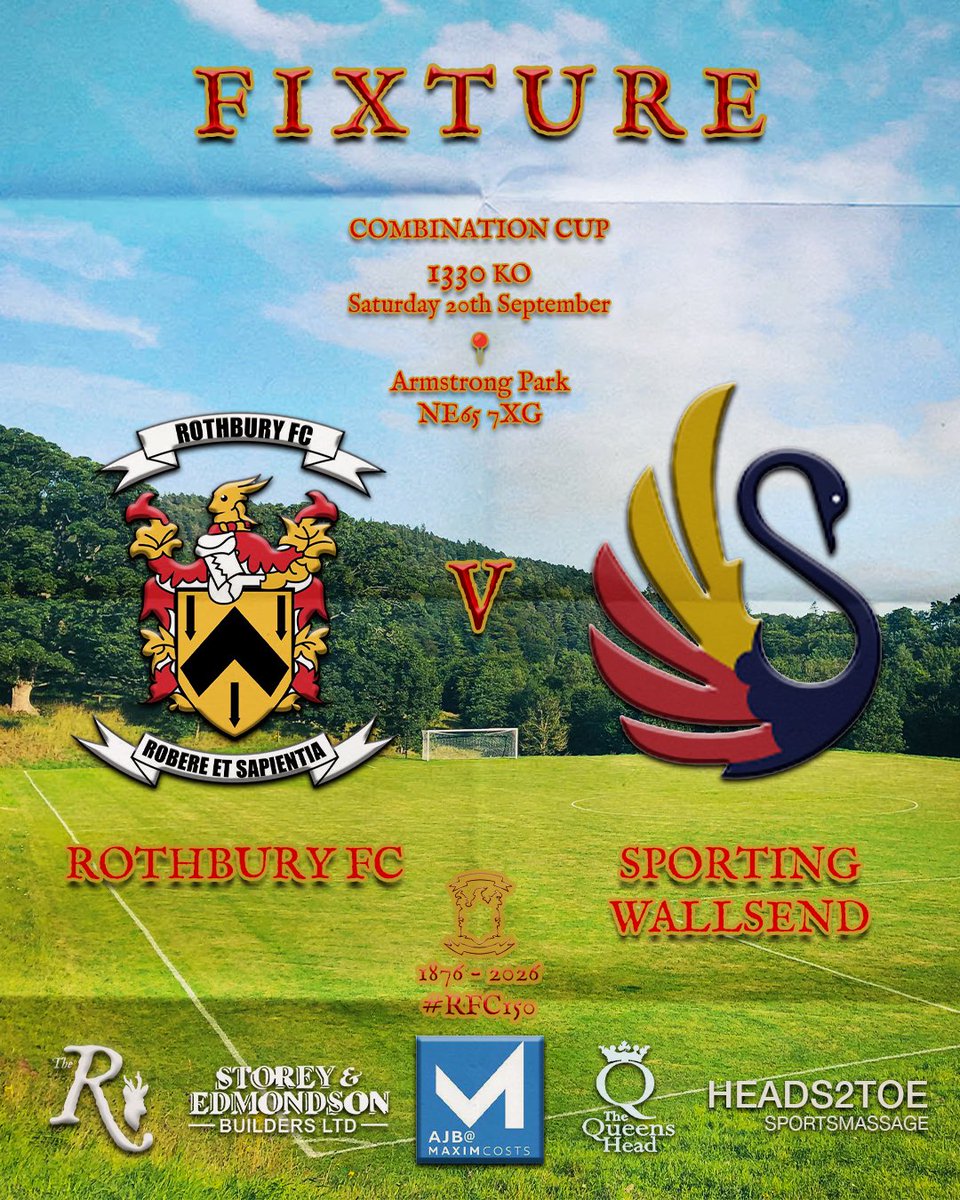 𝗙𝗜𝗫𝗧𝗨𝗥𝗘

<a href="/FCRothbury/">Rothbury Football Club</a> v <a href="/wallsendsportin/">Sporting Wallsend FC</a> 

Our Combination Cup campaign gets underway tomorrow against Sporting Wallsend.

𝗠𝗮𝘁𝗰𝗵 𝗦𝗽𝗼𝗻𝘀𝗼𝗿: Maxim Costs. Cost lawyers specialising in high value / complex claims. Visit maximcosts.com

#TheHillmen #RFC150