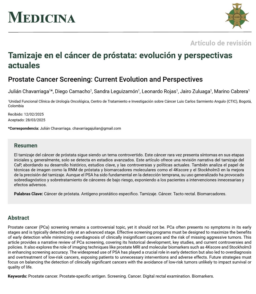 AndresFCardonaZ's tweet image. Estado actual del Tamizaje en el cáncer de próstata: evolución y perspectivas actuales. Julián Chavarriaga et al. @ANM_Colombia @InvestigaCTIC @JuanMAnayaC