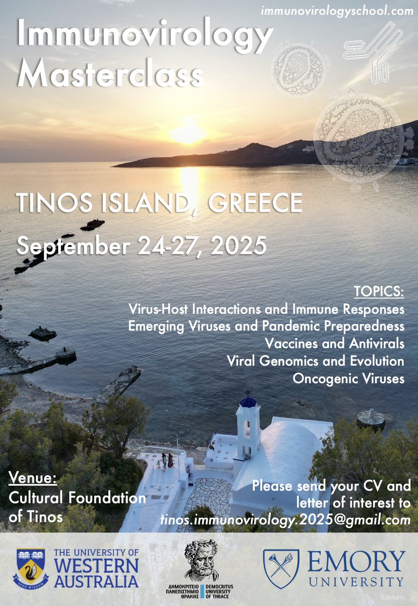 Immunovirology Masterclass 2025! 🧬🦠
Join leading experts and young scientists on the island of Tinos, Greece, from September 24–27, 2025, for an inspiring summer school focused on the latest advances in virology and immunology. 
Sponsored by HBA-USA
