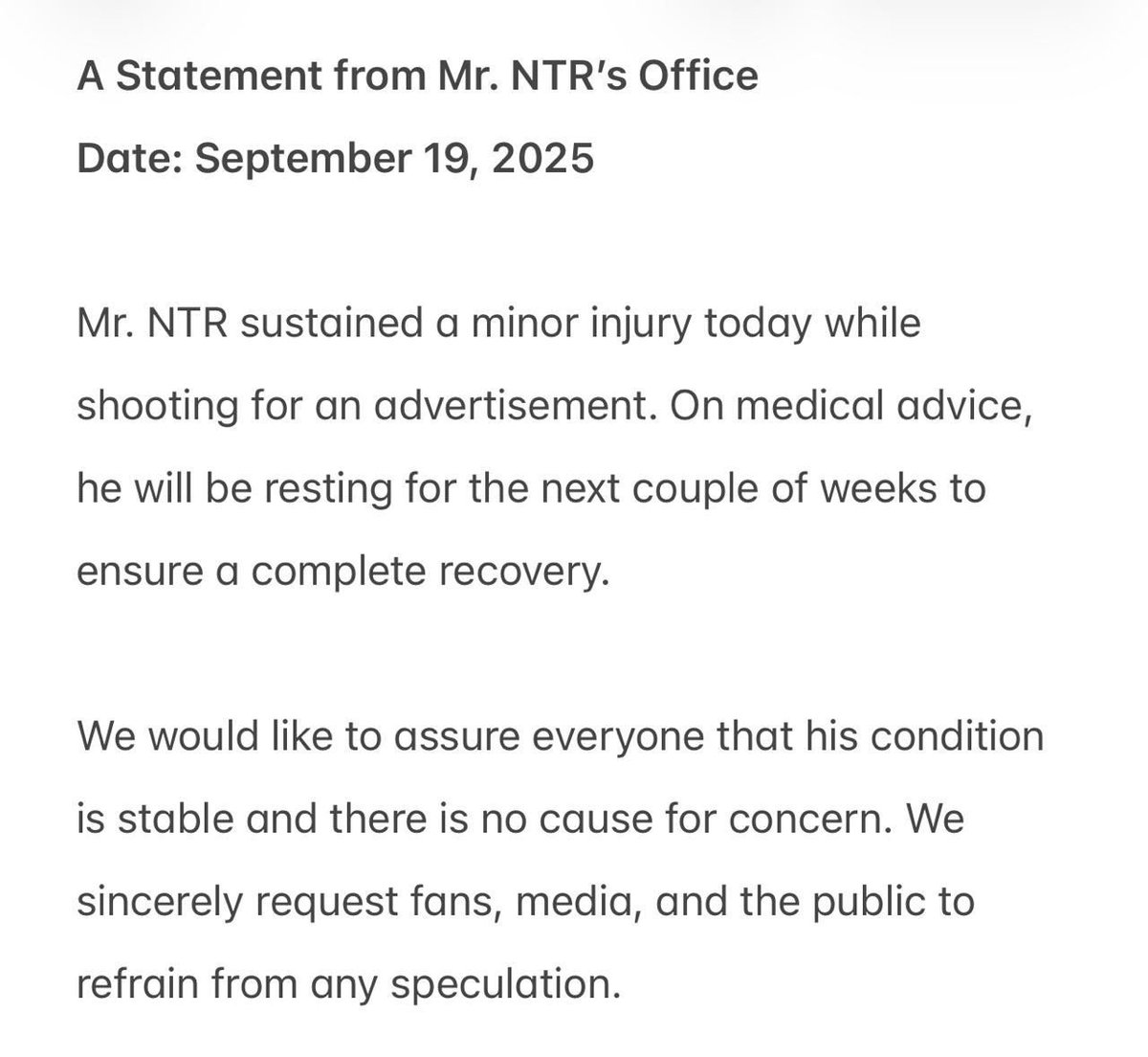 NtrKumar9999's tweet photo. Get well soon Tarak babu 🥹💯❤️ We r   always with u  &amp; Take care Tarak babu  #jaintr @tarak9999 https://t.co/AsjPcSUrAp