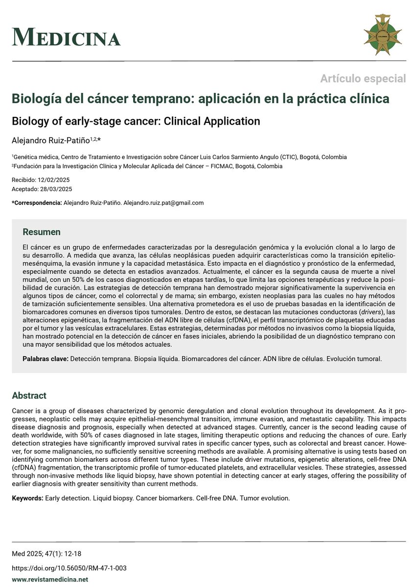 AndresFCardonaZ's tweet image. Biología el cáncer temprano: una visión desde la práctica clínica. Alejandro Ruíz et al. 
@ANM_Colombia @JuanMAnayaC @InvestigaCTIC