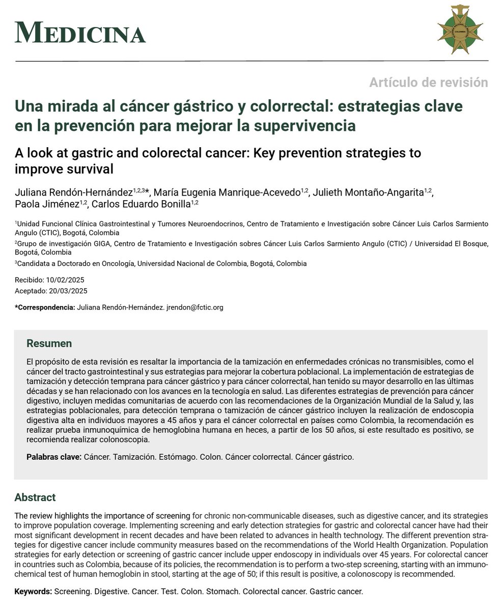 AndresFCardonaZ's tweet image. Estupendo manuscrito acerca de las estrategias clave para la Prevención del cáncer gástrico y colorrectal: impacto centrado en mejorar la supervivencia. Unidad Funcional de Tumores Gastrointestinales del CTIC. Juliana Rendón et al. @ANM_Colombia @InvestigaCTIC @JuanMAnayaC…