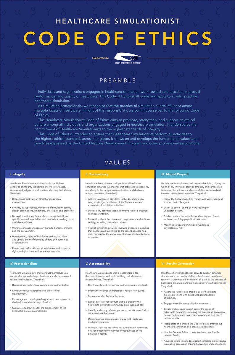 SSHorg's tweet image. As we close #hcsimweek, we want to share the Code we live by &amp;amp; hope all aspire to. This Code of Ethics is the air we breathe &amp;amp; breathe into our patient care-improving work.

Read it. Learn it. Live it.

Get it: ssih.org/healthcare-sim…

#healthcare #simulation #patientcare #ethics