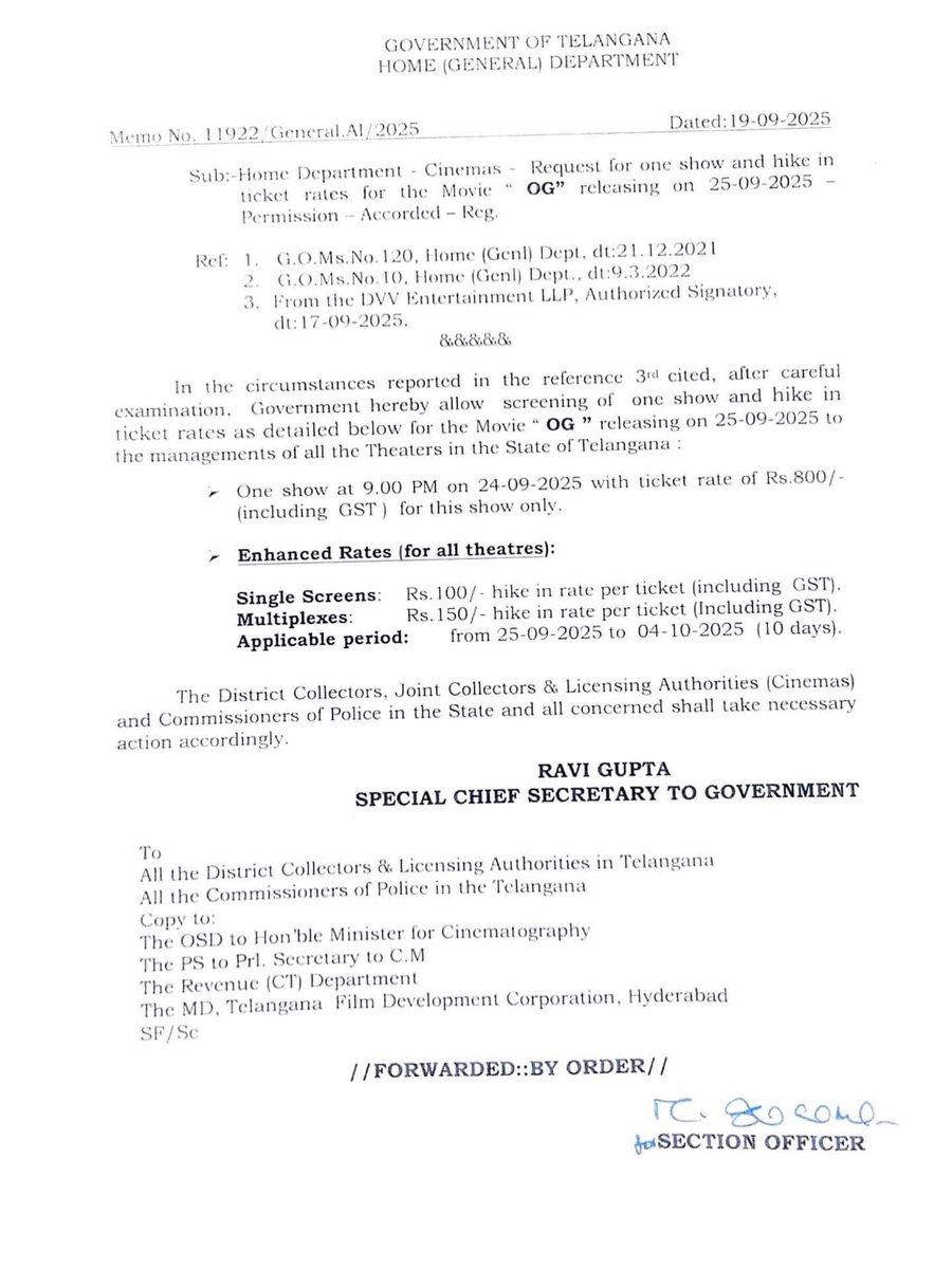 🌊 OG MANIA TAKES OVER TELANGANA 🌊

💥 9PM Special Show – Sep 24 (₹800)
💥 Hikes till Oct 4th!
🎟️ Single Screens +₹100 | Multiplexes +₹150

Get ready for the MEGA RAMPAGE 🚨
#TheyCallHimOG #OGonSept25 #PawanKalyan