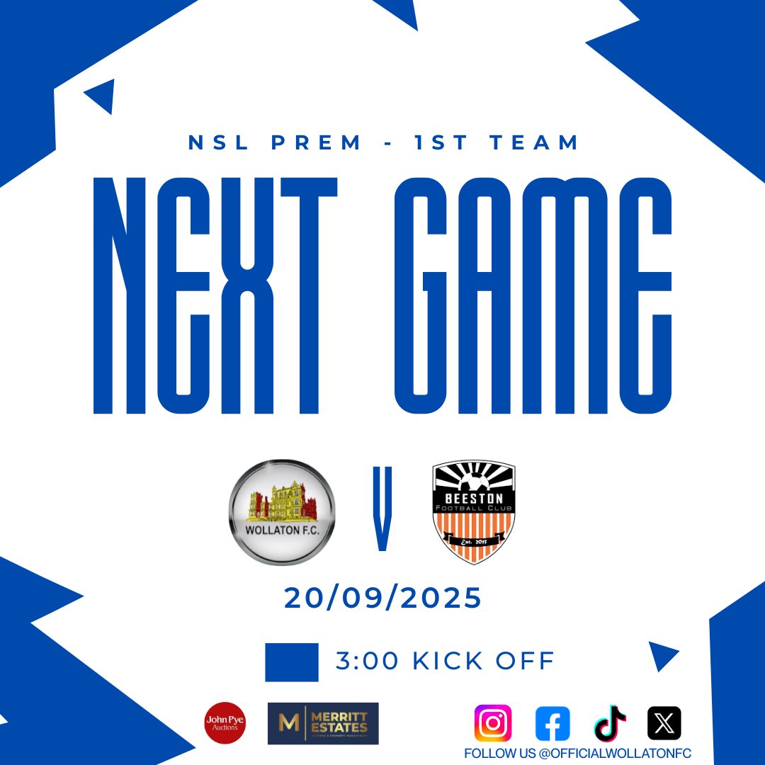 🔥⚽️ MATCHDAY ALERT ⚽️🔥

The First Team host <a href="/BeestonFC1st/">Beeston FC 1st</a> at home!💪 It’s set to be a tough test, but this is where the run starts… 📈🔵

📍 Wollaton Sports Association, NG8 2AN
⏰ 3:00PM KO

Let’s pack the place out, get behind the lads, and make it a game to remember! 🙌