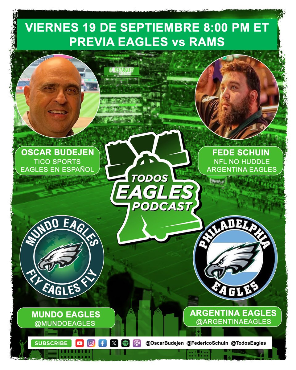 ‼️TODOS EAGLES PREVA 🦅🏆‼️
#FlyEaglesFly (2-0) vs #Ramshouse (2-0)
⏰  HOY SEPT 19, 8 PM ET (6 PM 🇲🇽) 
📱💻 EN VIVO X, IG, YouTube, Facebook
🎙️ <a href="/OscarBudejen/">Oscar Budejen</a>-&gt; <a href="/MundoEagles/">Mundo Eagles 🏈</a> 
🎙️ <a href="/FedericoSchuin/">Fede Schuin</a>-&gt; <a href="/ArgentinaEagles/">Philadelphia Eagles Argentina</a>
#LARvsPHI #Eagles 🦅 #Rams 🐏  #NFL