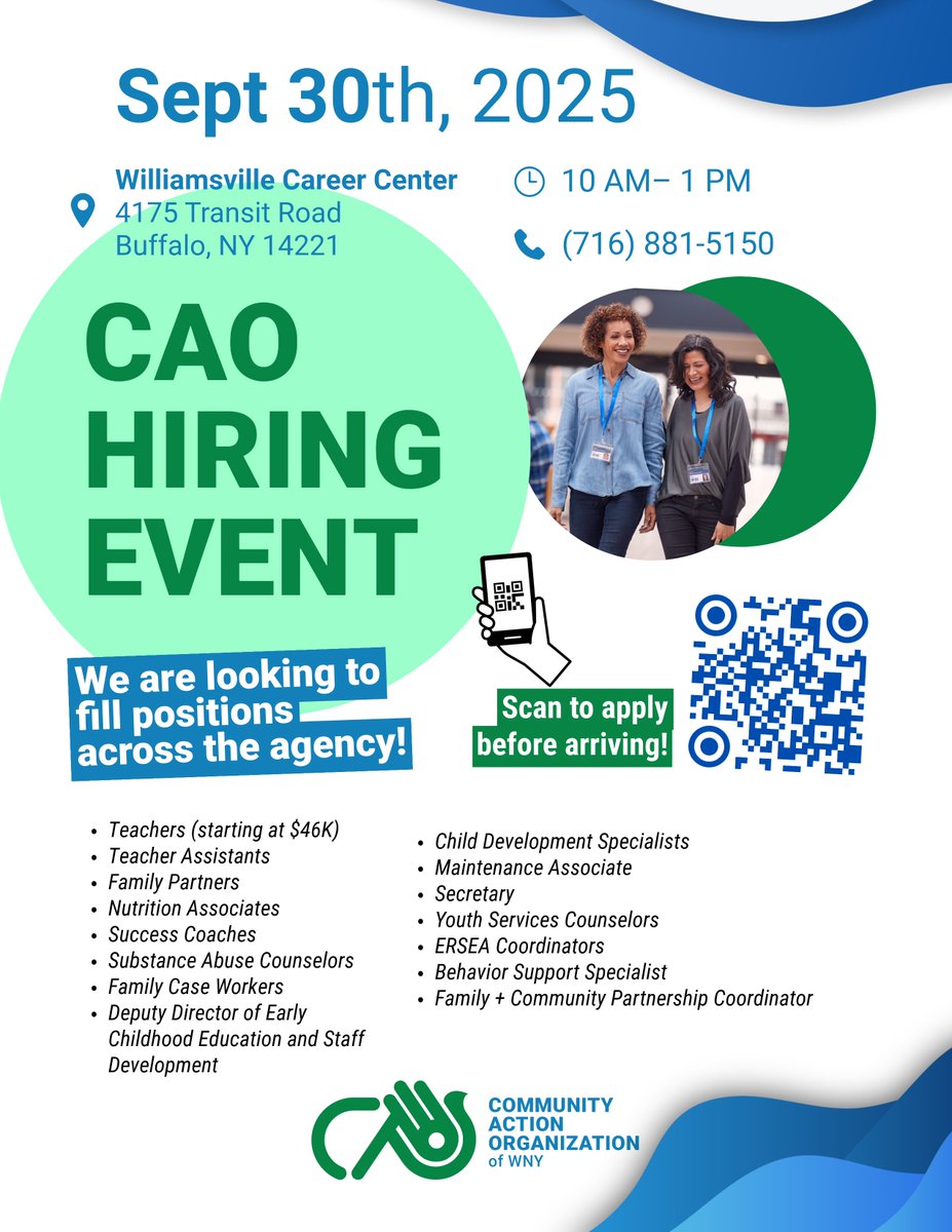 Join CAO of WNY’s Hiring Event on Sept. 30, 10 AM–1 PM at the Williamsville Career Center.

✅ Teachers (starting at $46K)
✅ Counselors
✅ Family Partners &amp; more!

Scan the flyer to apply before arriving.
#CAOWNY #CAO60 #NowHiring