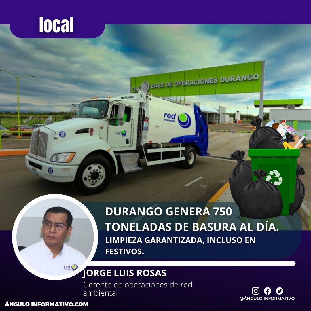 Claudio Mercado (@claudiomercador) on Twitter photo 🚛 En Durango se recolectan hasta 750 toneladas de basura al día, informó Jorge Luis Rosas de <a href="/RedAmbiental_Mx/">Red Ambiental</a> Durango, empresa que garantiza el servicio incluso en días festivos. 🗑♻ #Durango #Limpieza
De <a href="/AnguloInforma/">Ángulo Informativo</a> 🚛 En Durango se recolectan hasta 750 toneladas de basura al día, informó Jorge Luis Rosas de <a href="/RedAmbiental_Mx/">Red Ambiental</a> Durango, empresa que garantiza el servicio incluso en días festivos. 🗑♻ #Durango #Limpieza
De <a href="/AnguloInforma/">Ángulo Informativo</a>