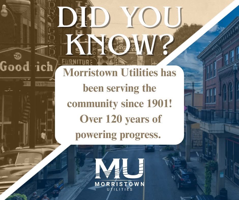 MUtilitySystems's tweet photo. Today kicks off a fun new series as we get ready to celebrate our 125th anniversary in Feb!
⏳Did You Know?
Morristown Utilities has been serving the community since 1901! That’s over 120 years of powering progress!
💡💧 🛜 Serving Our Community Since 1901
#125YearsofService https://t.co/Vq3wtHPYsV