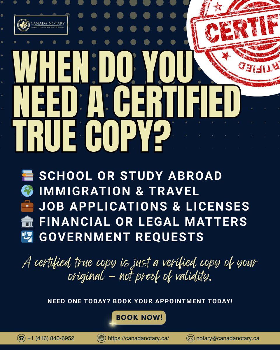 Canada_notary's tweet image. ✒️ Need a Certified True Copy? Use it for school, immigration, jobs, finances &amp;amp; government requests. ✅ It verifies the copy, not the document itself.

Book now: canadanotary.ca

#CertifiedTrueCopy #NotaryServices #VirtualNotary #Canada