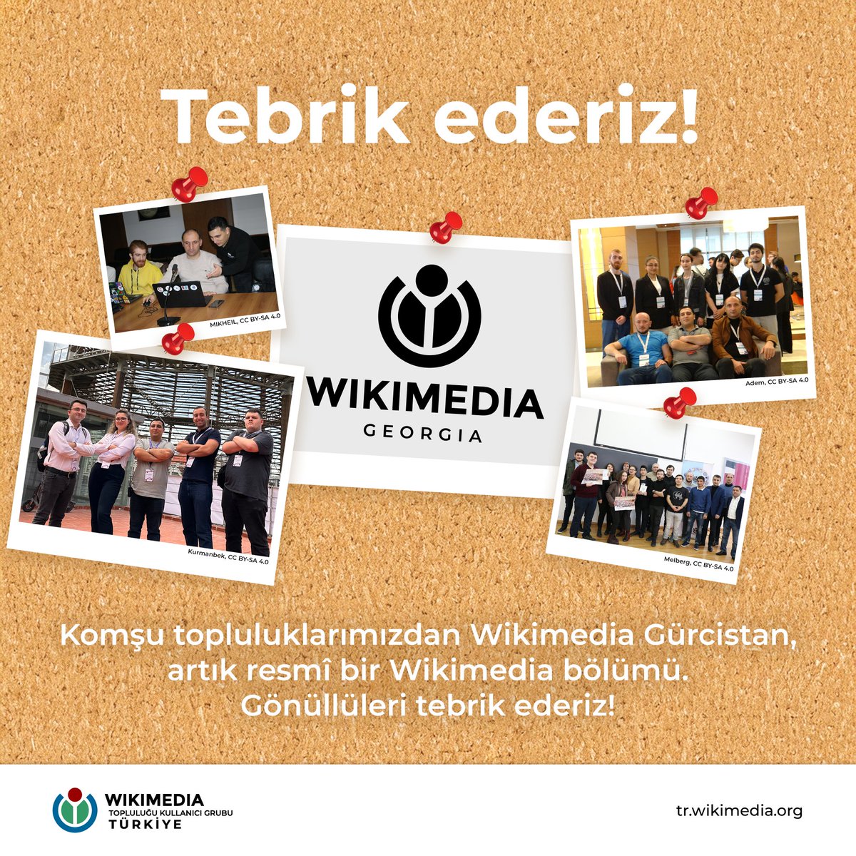 WikimediaTurkey's tweet photo. Wikimedia Topluluğu Kullanıcı Grubu Gürcistan önemli bir dönüm noktasına ulaştı: Wikimedia Gürcistan, resmî olarak en yeni Wikimedia bölümü oldu. Komşu topluluğumuzu ve gönüllülerini tebrik ederiz!🎉

Wikimedia Gürcistan'ın hikâyesi Diff'te: https://t.co/AgmoznPXl4

@wikimedia_ge https://t.co/PwcD4BuSKH