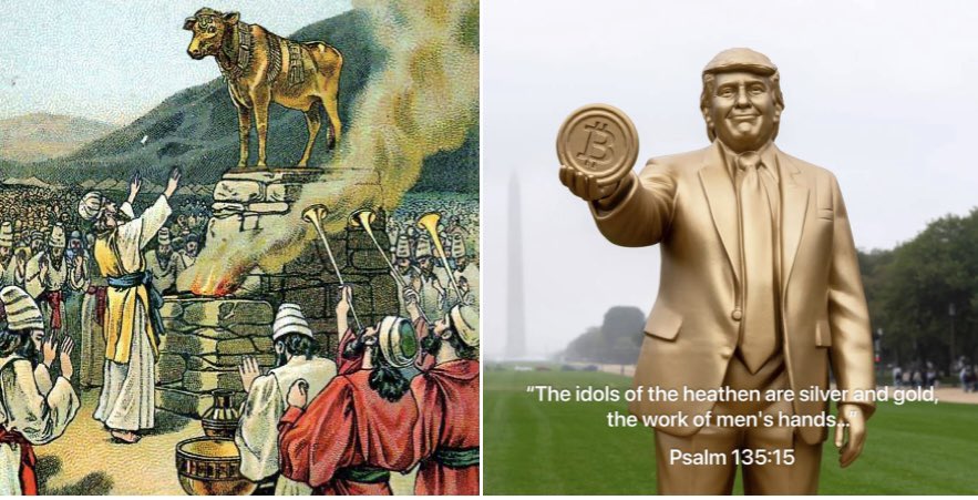 ittybitty_tsc's tweet image. “Golden statue of Trump holding a Bitcoin placed outside US Capitol”
Many years ago, people thought Moses was taking too long atop Mount Sinai, so they built a Golden Calf to worship during his absence
40 days later, Moses returned from the mountain top and those who worshipped…