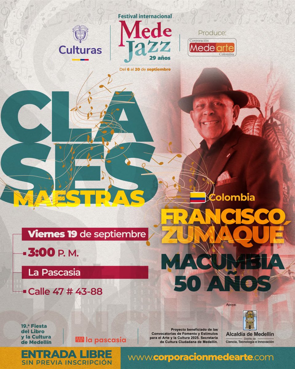 📚🎹📚 Hoy en el #Medejazz2025 tendremos el gusto de deleitarnos con el maestro Zumaque en nuestras clases magistrales, no te lo pierdas.

<a href="/mincultura/">MinCultura Colombia</a> <a href="/AlcaldiadeMed/">Alcaldía de Medellín</a> <a href="/lapascasia1588/">lapascasia</a> <a href="/latinastereo/">Latina Stereo🌴</a> <a href="/salsaconestilo/">SalsaConEstilo.com</a> <a href="/RedMusicaBoston/">E.M. Boston</a> <a href="/RedMusicaPrado/">E.M Prado</a>
