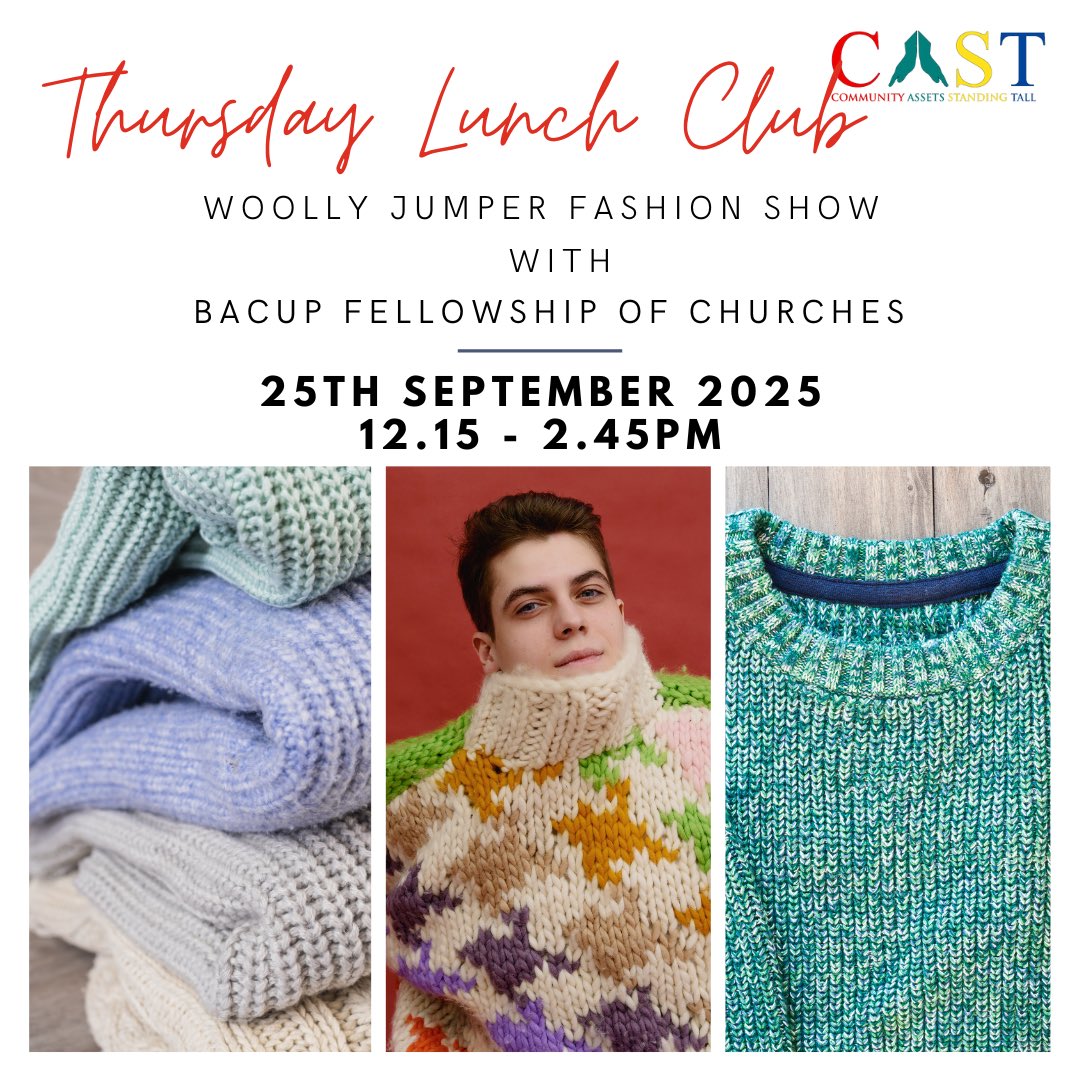 CommunityAsset's tweet image. You are invited to join us for a buffet lunch and take the opportunity to treat yourself to a winter jumper (or 2) for the colder months ahead in Bacup.
After which there will be a good old sing song with Adele &amp;amp; Renato.
#woollyjumper #fashionshow #bacup