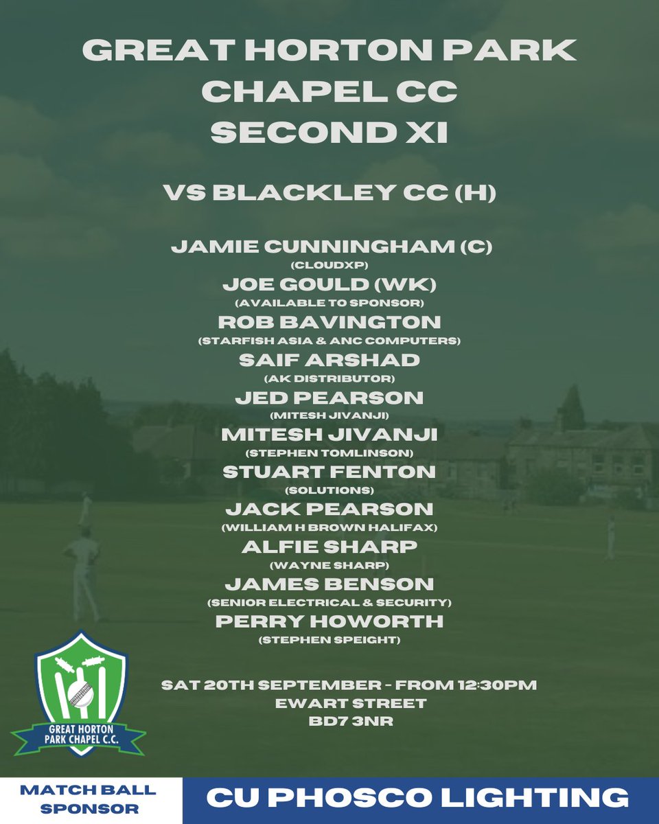 🏏 SECOND XIS GAME DAY🏏

(HOME) GHPCC 2nd XIs vs <a href="/BlackleyCC1/">🔰 Blackley CC 🔰</a>

🕐 Time: Tomorrow @ 13:00
📍 Location: links.ghpccc.co.uk/Vv0l5x
📽️ Stream: youtube.com/watch?v=IhTzCW…

Come along and support The Chapel! 👏🏻

See you pitch-side! 👀

#GHPCCC #UpTheChapel