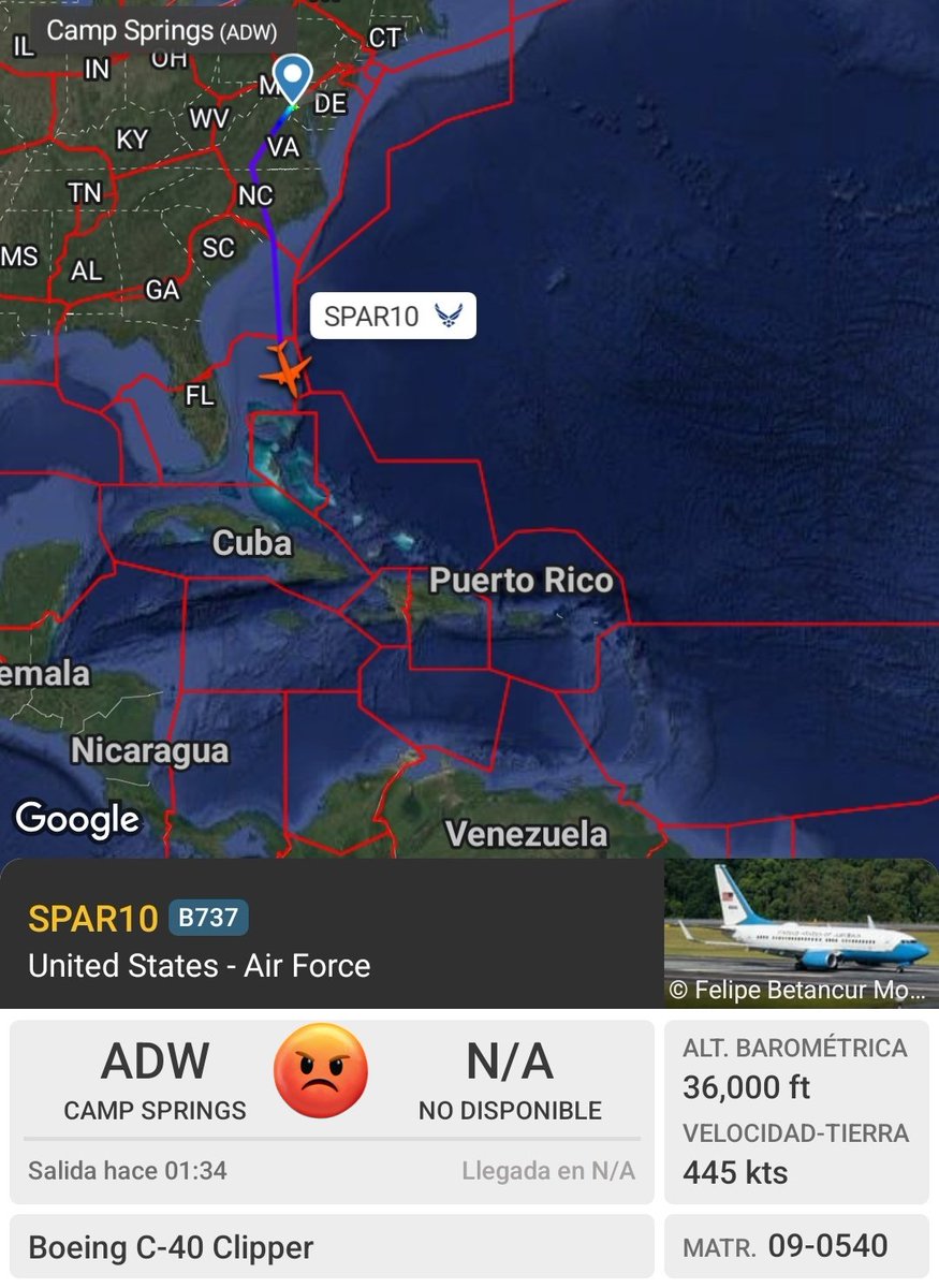 Arr3ch0's tweet photo. Fuerza Aérea 🇺🇲 C-40 Clipper 09-0540 en vuelo SPAR10 procedente de Joint Base Andrews rumbo a la zona caliente, VIP a bordo. https://t.co/j8Tr5WrrgZ