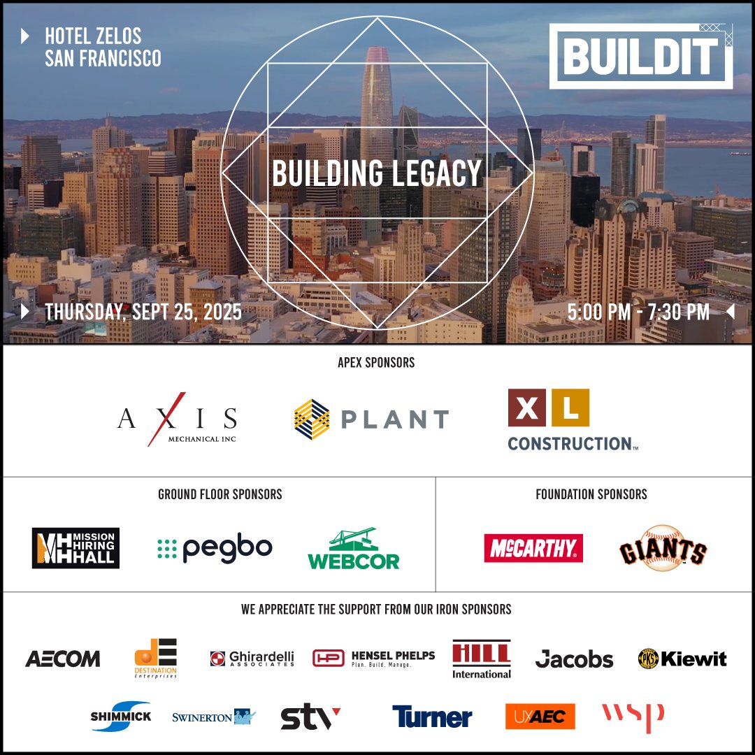 Building Legacy - an AEC reception celebrating the best of San Francisco’s world-renowned infrastructure, iconic buildings and workforce!

Thursday Sept 25 2025 
5-7:30 pm 
Hotel Zelos 12 4th St 
San Francisco 

RSVP: buildit-building-legacy.eventbrite.com 
buildit-building-legacy.com