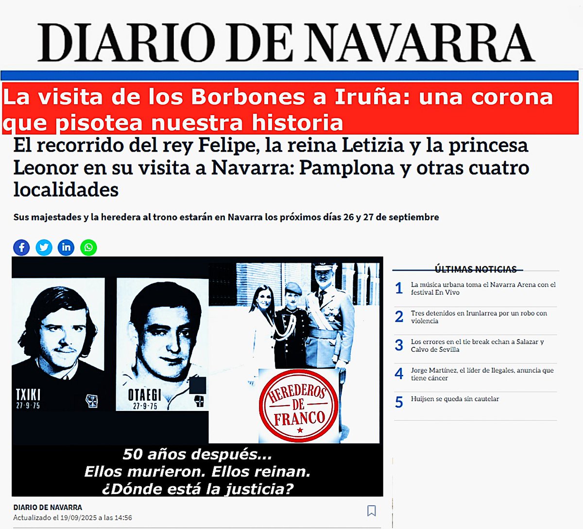 DiabloNavarra's tweet photo. 🇪🇸 Mientras Nafarroa recuerda a Txiki y Otaegi asesinados por el régimen que trajo a los Borbones🤮, estos montan su circo real🤡
¿VIENEN A PROVOCAR?
#BorbonesFranquistas #27S #AskatzeraLotuak https://t.co/2lbx6oPGJt