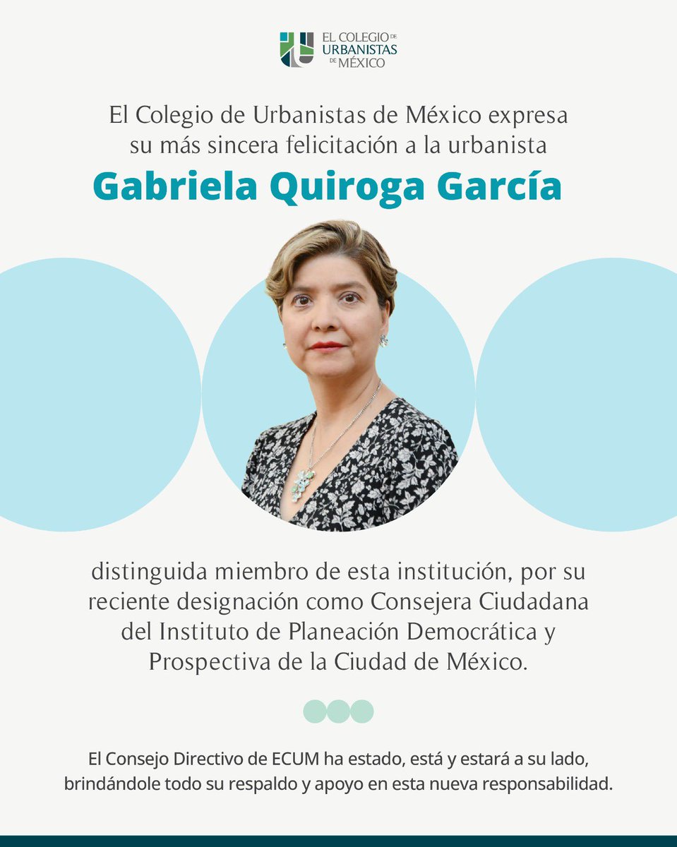 El Colegio de Urbanistas de México celebra la designación de la urbanista Gabriela Quiroga García como Consejera Ciudadana del IPDP-CDMX. El Consejo Directivo de ECUM refrenda su respaldo en esta nueva etapa. #Urbanismo #ParticipaciónCiudadana #ECUM