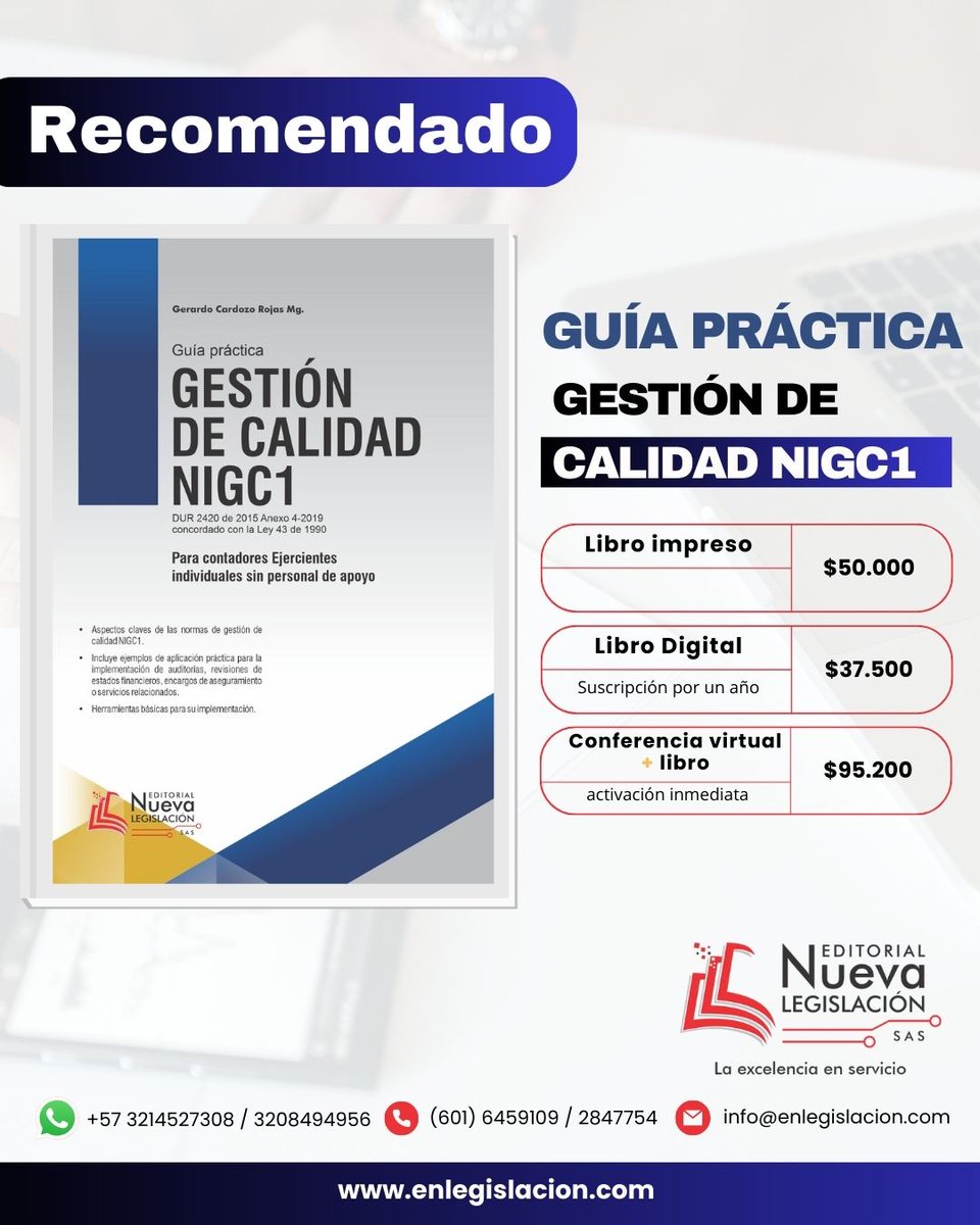 📘 Te presentamos la Guía práctica de Gestión de Calidad #NIGC1 para #Contadores ejercientes individuales sin personal de apoyo.

🗂️ Incluye 4️⃣3️⃣ anexos y formatos prácticos paso a paso en armonía con el #DUR2420 y el #Anexo4.

👉 enlegislacion.com