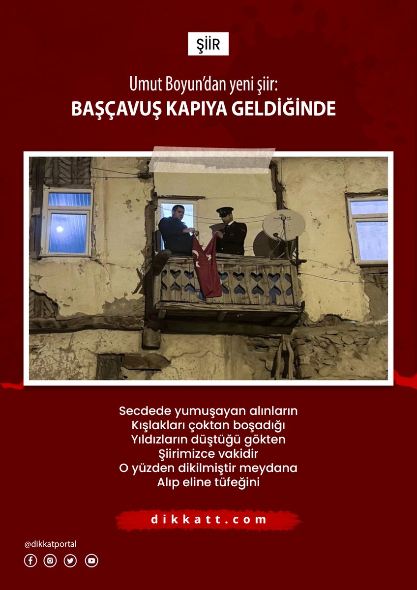 #Dikkat

Umut Boyun'dan yeni şiir:
BAŞÇAVUŞ KAPIYA GELDİĞİNDE

Şiirin tamamını okumak için tıklayın:
dikkatt.com/bascavus-kapiy…