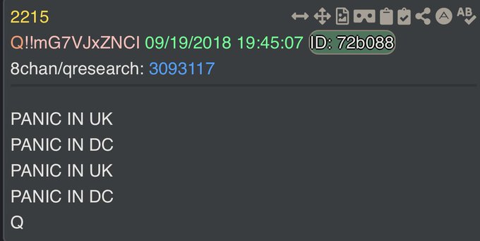 A screenshot of a 4chan post from 9/19/2018, 19:45:07, on the /qresearch/ board, post ID 720088. The text "PANIC IN UK" and "PANIC IN DC" repeats four times in green and white text on a dark background. The post number 2215 and user ID QIlmG7VJZXNCI are visible at the top.