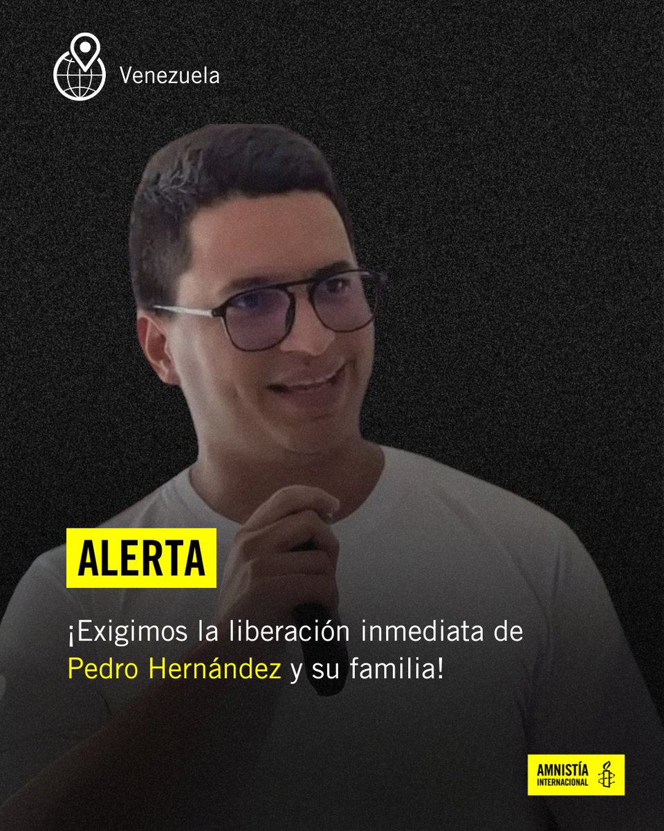 🚨 #Venezuela: Denunciamos la desaparición forzada del defensor de derechos humanos Pedro Hernández, detenido desde el 17 de septiembre junto a miembros de su familia.
 
Exigimos que se informe sobre su suerte y paradero, y que él y sus familiares sean liberados inmediatamente.
