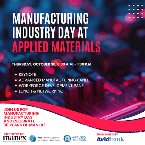 ManexConsulting's tweet image. Register for Manufacturing Industry Day at @Applied4Tech on October 30 celebrating 30 years of Manex and the strength of California’s manufacturing ecosystem.

Register for panel discussions, networking and more: manexconsulting.com/event/manufact…

#MFGDay2025 #Manufacturing #MFGExcellence