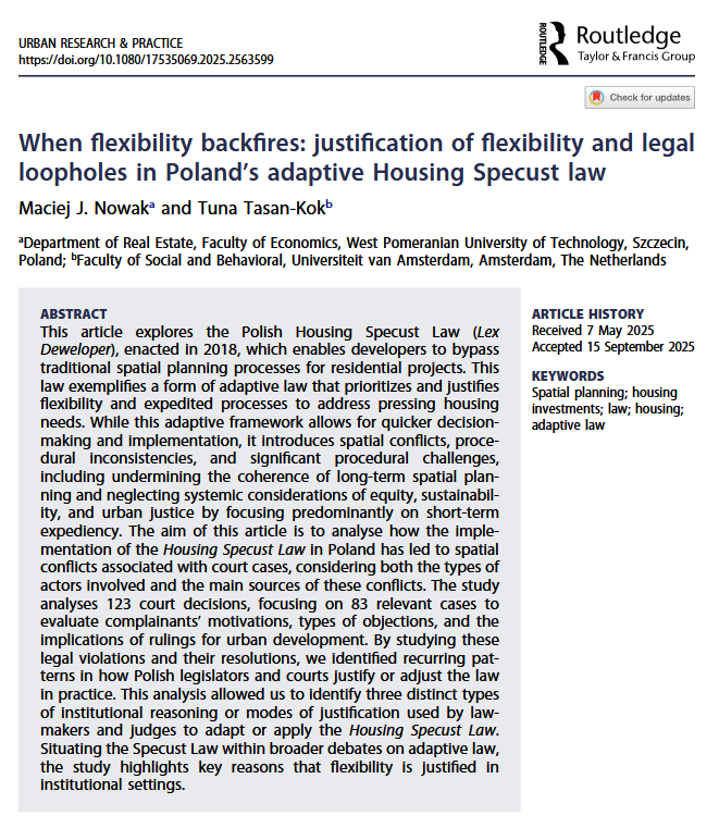 JournalURP's tweet image. How has the Housing Specust Law in Poland led to spatial conflicts and been justified in court? Take a look at our new research article published by Maciej J. Nowak & Tuna Tasan-Kok.
doi.org/10.1080/175350…
#SpatialPlanning #HousingInvestments #Law #Housing #AdaptiveLaw