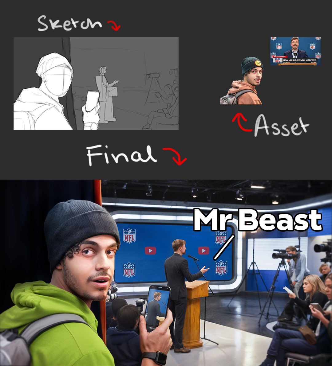 One of my Recent Thumbnails!

Title - "Sneaking Behind the Scenes of MrBeast x NFL!"

Sketch ➡️ Thumbnail 🪄
