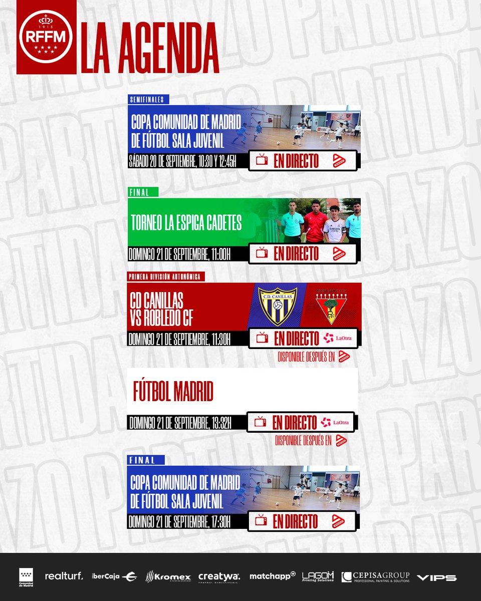 📺 Esta es nuestra AGENDA TELEVISIVA del fin de semana 👇🏻

SÁBADO 2️⃣0️⃣
10:30h y 12:45h Semifinales Trofeo Comunidad de Madrid de Fútbol Sala Juvenil
EN RFFM PLAY

DOMINGO 2️⃣1️⃣
11:00h Final Torneo La Espiga de Brunete Cadetes
EN RFFM PLAY 

11:30h <a href="/CDCanillas/">CD Canillas</a> 🆚 <a href="/robledo_cf/">Robledo CF</a> de