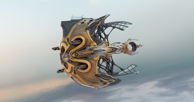 A futuristic spacecraft with a complex design, featuring gold and black metallic structures, intricate patterns, and angular wings. The craft has a circular central hub with symmetrical, ornate detailing and protruding elements. It is set against a sky background with clouds and a setting sun.