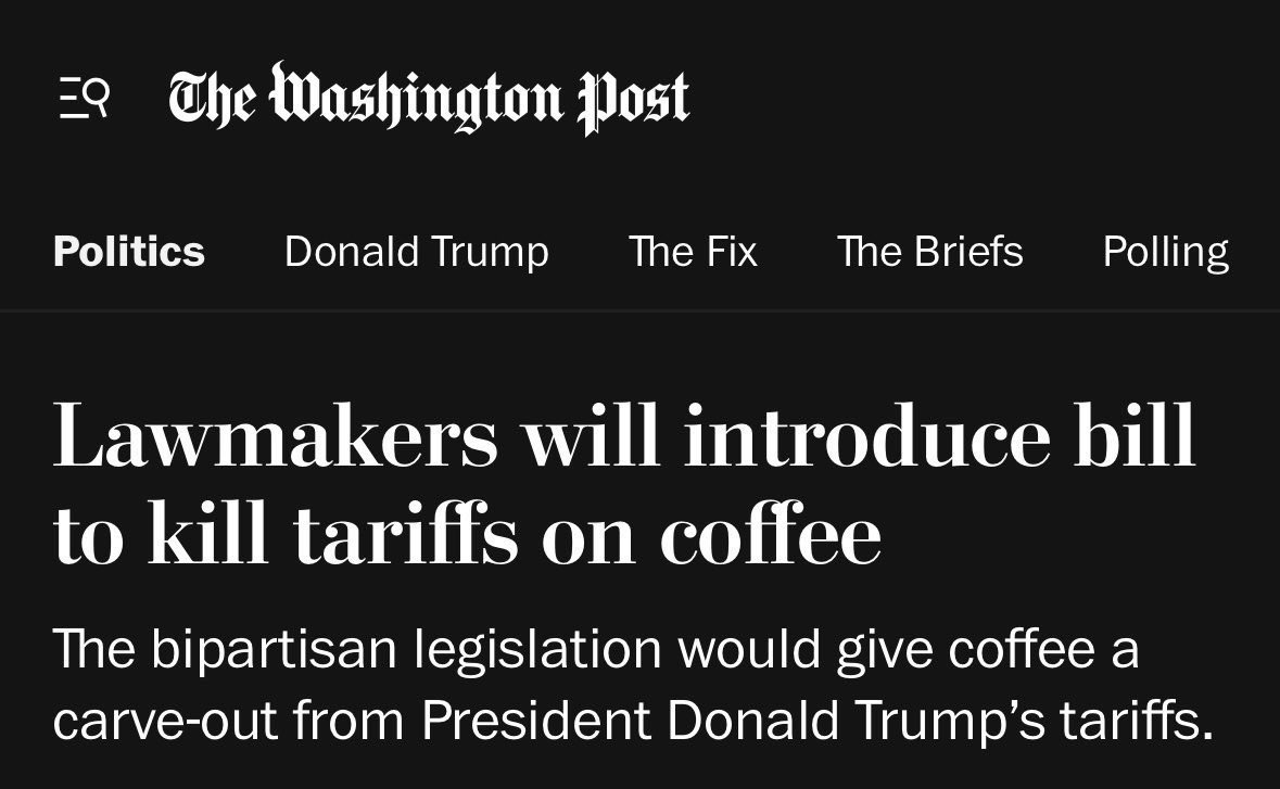 Coffee up 21% in a year — thanks to tariffs.

When our trade policy is turning everyday essentials into luxury items, it’s a sign the policy has failed.

washingtonpost.com/politics/2025/…
