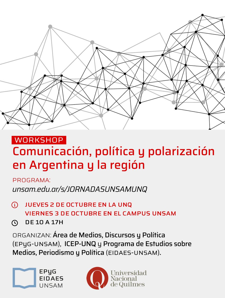 Escuela de Política y Gobierno UNSAM (@unsam_epyg) on Twitter photo #Agendar Workshop “Comunicación, política y polarización en Argentina y la región”
🤝Organizan <a href="/MediosDyP_EPyG/">Área de Medios, Discursos y Política EPyG-UNSAM</a>, Programa de Estudios sobre Medios, Periodismo y Política (<a href="/idaesoficial/">Escuela IDAES | UNSAM</a>) y <a href="/CentroICEPUNQ/">#CENTROICEP</a>
📍2 y 3/10, en <a href="/unsamoficial/">Universidad Nacional de San Martín</a> y UNQ
Programa: noticias.unsam.edu.ar/2025/09/18/jor… #Agendar Workshop “Comunicación, política y polarización en Argentina y la región”
🤝Organizan <a href="/MediosDyP_EPyG/">Área de Medios, Discursos y Política EPyG-UNSAM</a>, Programa de Estudios sobre Medios, Periodismo y Política (<a href="/idaesoficial/">Escuela IDAES | UNSAM</a>) y <a href="/CentroICEPUNQ/">#CENTROICEP</a>
📍2 y 3/10, en <a href="/unsamoficial/">Universidad Nacional de San Martín</a> y UNQ
Programa: noticias.unsam.edu.ar/2025/09/18/jor…