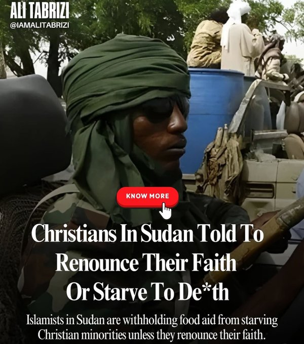 VividProwess's tweet photo. Christians in Sudan are told by Islamists to renounce their faith or starve to death

Not a word from Candace Owens
Not a word from Tucker Carlson
Not a word from the UN
Not a word from human rights organizations
Not a word from international media

Their silence is deafening https://t.co/D7lfkoLkIC