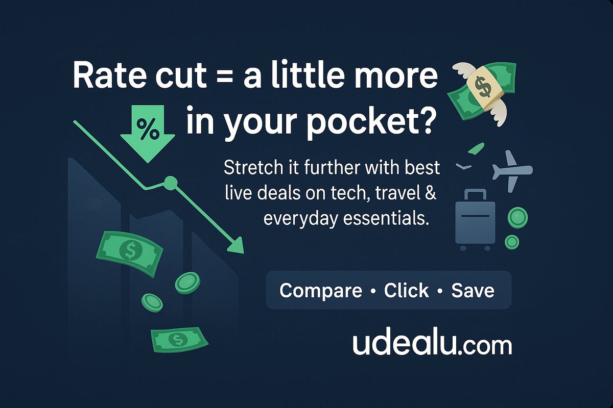udealu's tweet photo. Rate cut = a little more 💸 in your pocket? Stretch it further with the best live deals on tech, travel &amp; everyday essentials at https://t.co/Y0sclatZLy. Compare, click, save. #Fed #deals https://t.co/9BMb9dWWBF