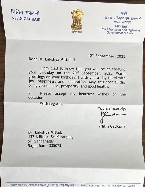 Grateful to the great legend behind the revolutionary transformation of India’s roads—Hon’ble Union Minister , GoI <a href="/nitin_gadkari/">Nitin Gadkari</a> ji—for his warm birthday wishes. 
Your vision for a Viksit Bharat is truly inspiring. 
Your blessings inspire me to continue working for doctors,