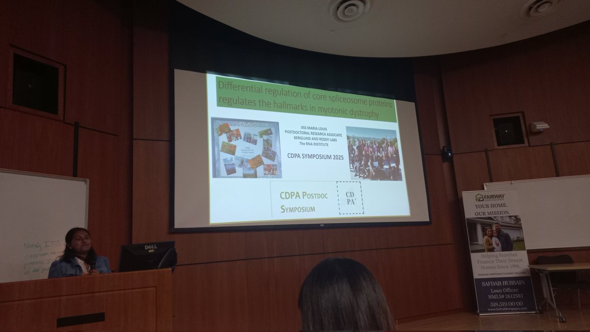 CapDistPostdocs's tweet image. Dr. Jiss Maria Louis is our final speaker. Her research focuses on how spliceosome proteins modulares the spliceopathy in myotonic dystrophy tipe 1