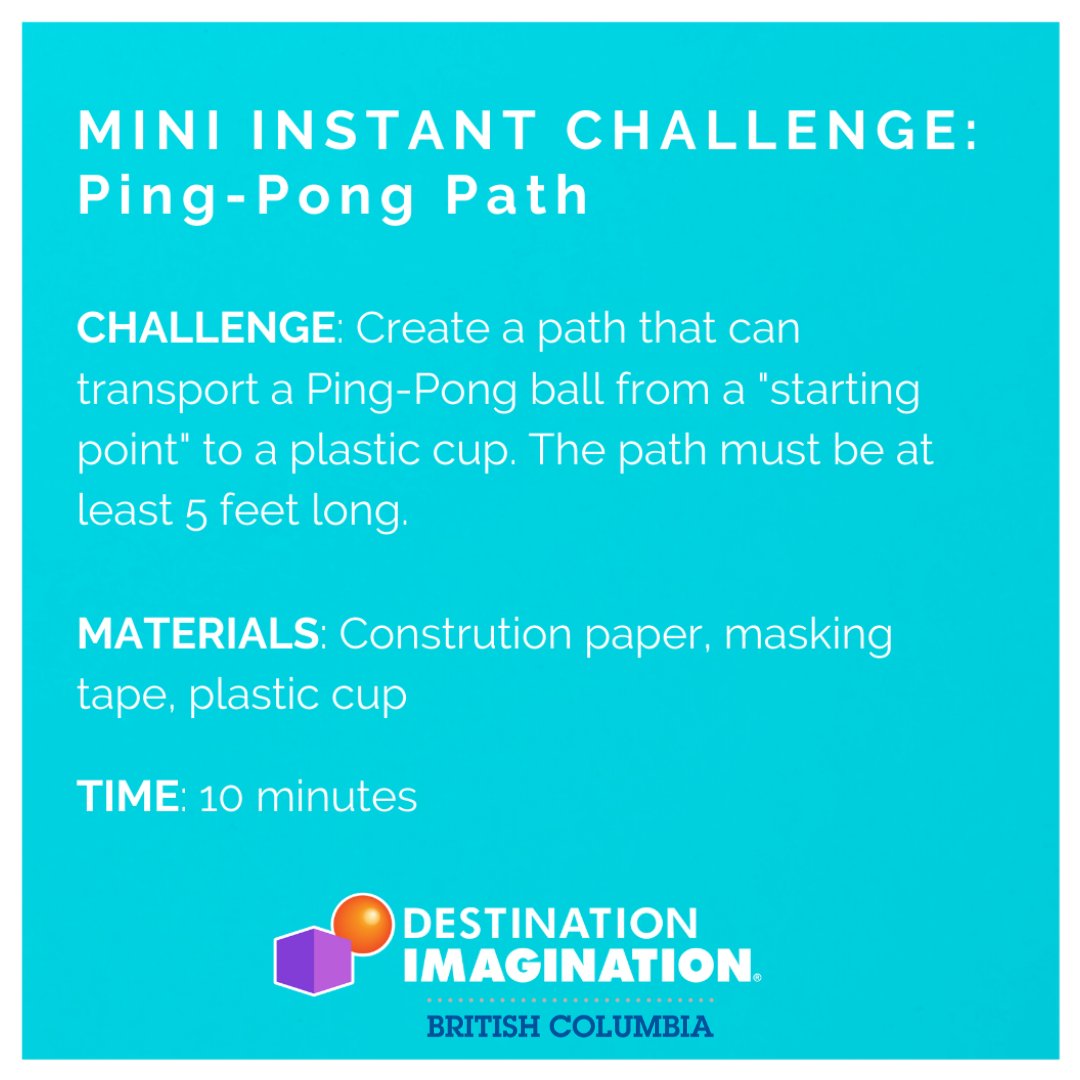 🏓 Can you land the shot?
In this Mini Instant Challenge, your task is to get a ping pong ball into a plastic cup — but you’ll need creativity, teamwork, and problem-solving to make it happen! 🎯✨

#DestinationImagination #STEAM #CreativityChallenge #Teamwork