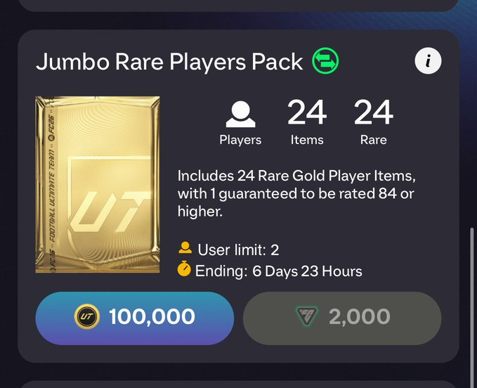 🚨First 100K pack in store now, who wants for FREE?

✅Follow me &amp; Retweet &amp; Like for a chance to win.

Winner will be up soon! #FC26 #mmoexp